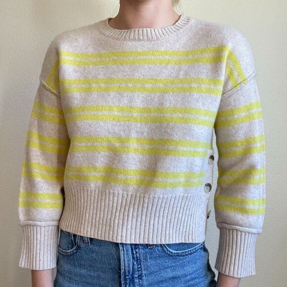 Aqua Womens Beige Yellow Striped 100% Cashmere Crewneck Soft Sweater Sz S - Picture 3 of 10